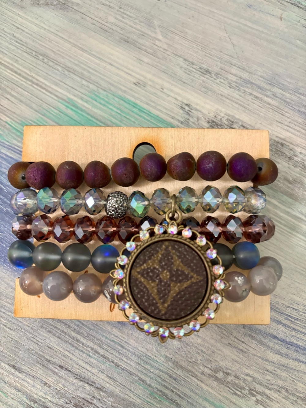 Multi-Row Beaded Stretch Bracelet Set with Decorative Pendant